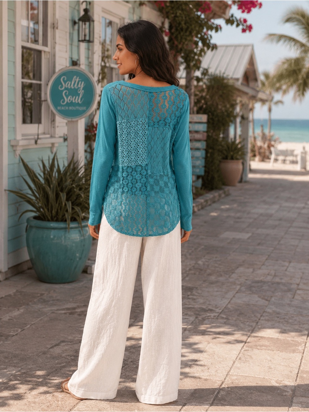FREE PEOPLE Teal Crochet-Back Lightweight Long Sleeve Top